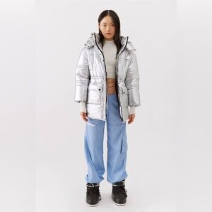Metallic Silver Women's Full Length Puffer Jacket